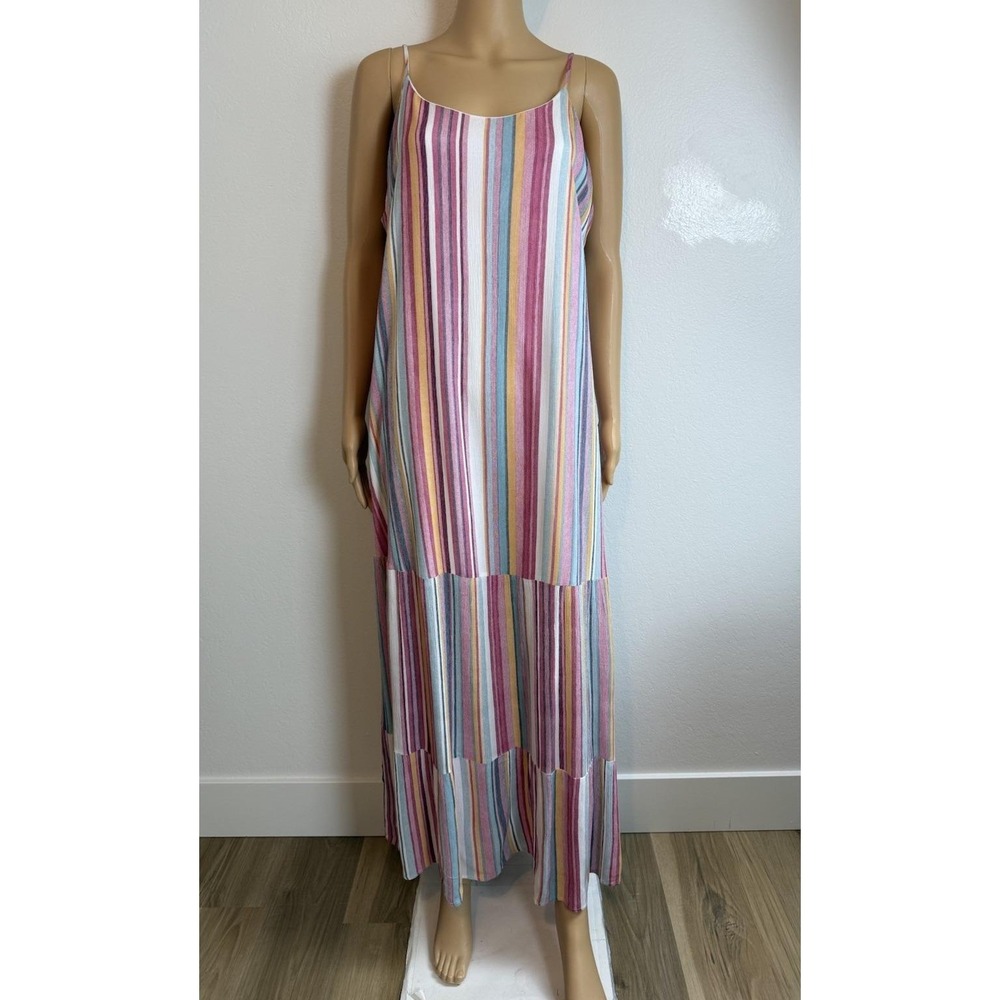 Andree By Unit Colorful Striped Gauzy A Line Maxi Dress w/Belt Sz L Boho Coastal